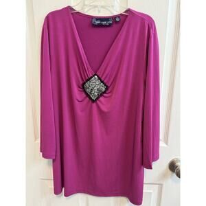 Susan Graver Style XL Pink V-neck Top With Center Beaded Detail 3/4 Sleeve New​